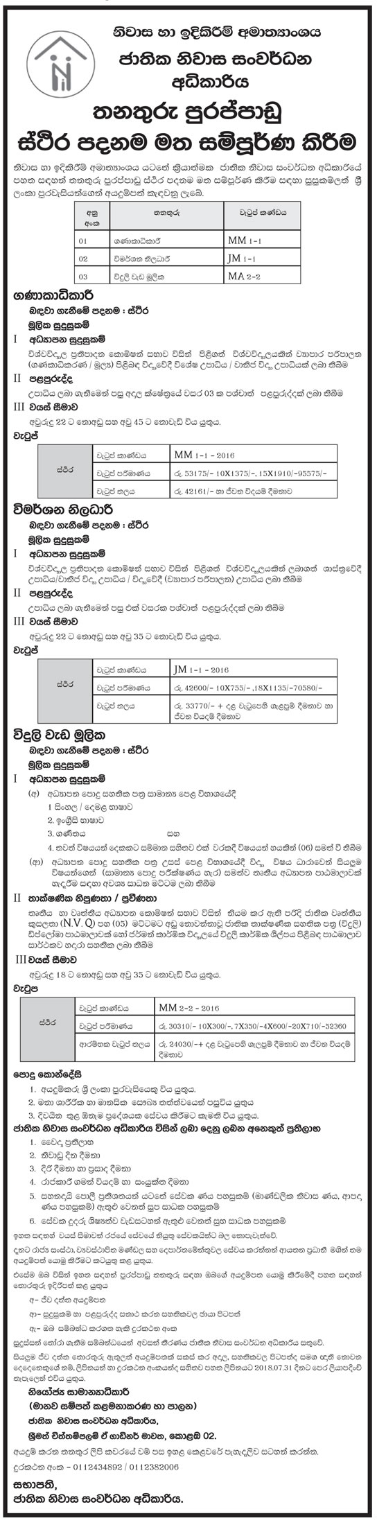 Accountant, Investigation Officer, Electrical Foreman - National Housing Development Authority